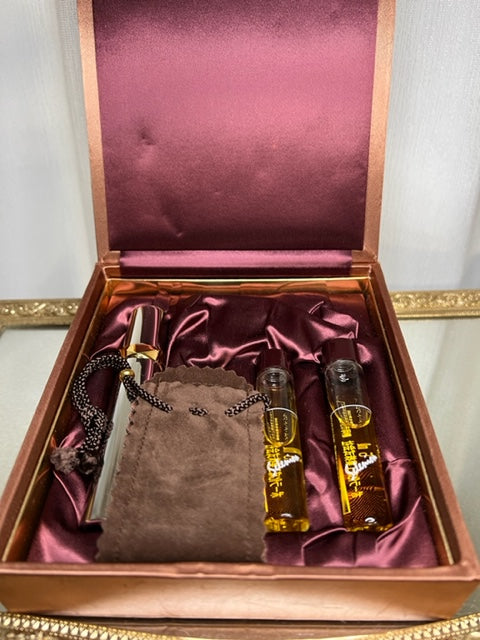 Selenion Pola perfume gift set edp 7,5 mlx3 and gold atomaizer in silk box. Vintage. Sealed bottles